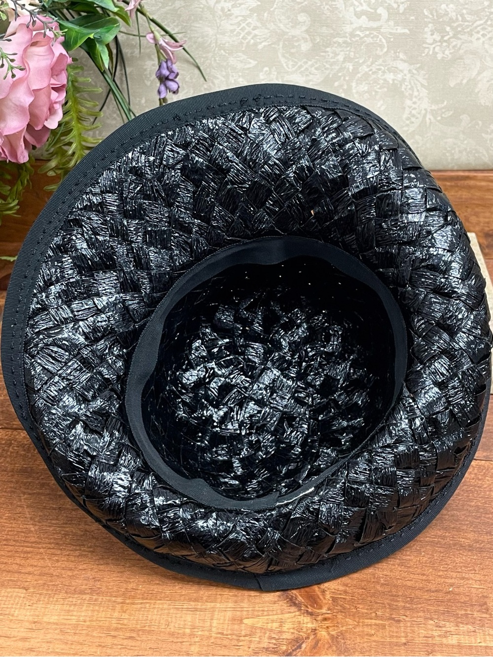 Vintage 1960s Black Cello Straw Basket Weave Rolled Brim Hat Mod Mid Century - Picture 9 of 9